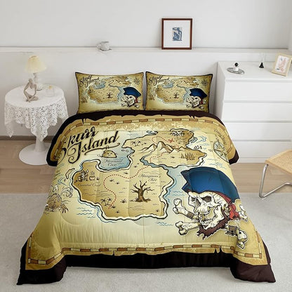 Boys Teens Pirate Treasure Map Comforter Skull Island Bedding Set Sea Adventure