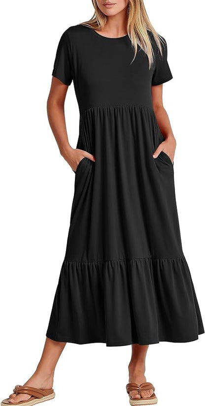 Crewneck Aline Swing Flowy Tiered Maxi