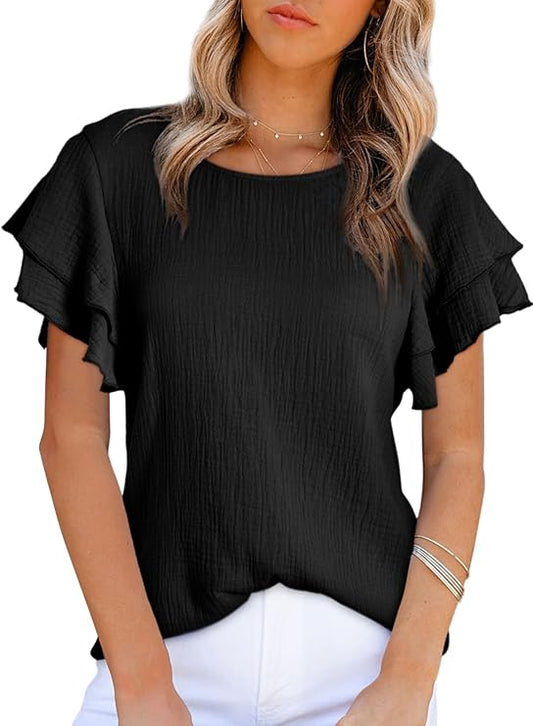 Womens Tops Ruffle Short Sleeve Crewneck Shirt