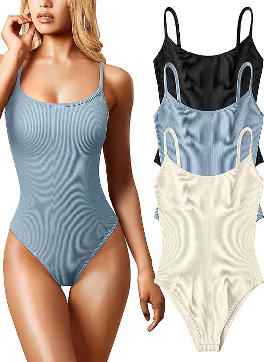 3 Piece Bodysuits Ribbed Sleeveless Adjustable Spaghetti Strap