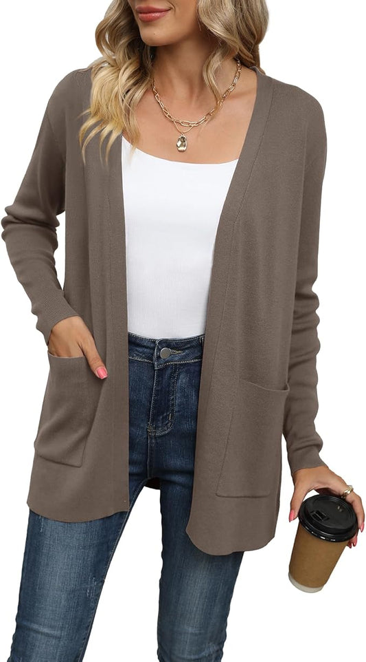 Womens Casual Lightweight Long Sleeve Open Front Cardigan Sweaters with Pockets