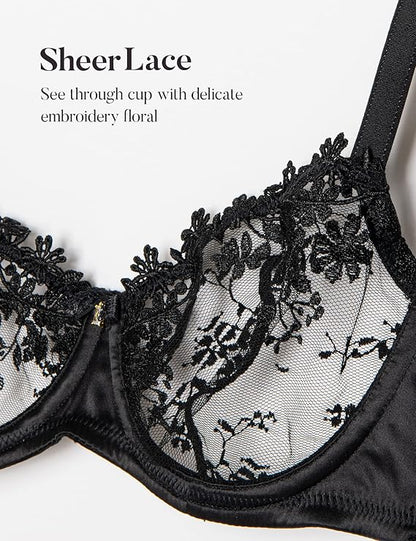 Lace Bra Demi Sheer Mesh Balconette See Through Bralette Unlined Underwire Embroidered