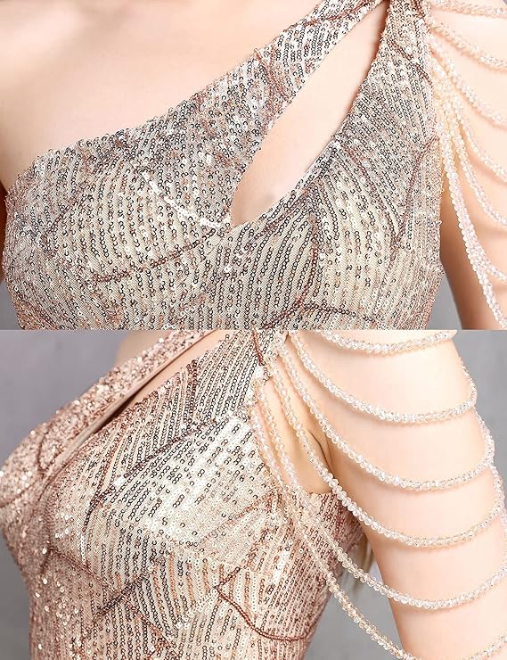 One Shoulder Tassel Sleeve Flapper Dresses 1920s Gastby Elegant Formal Sequins Maxi Dress