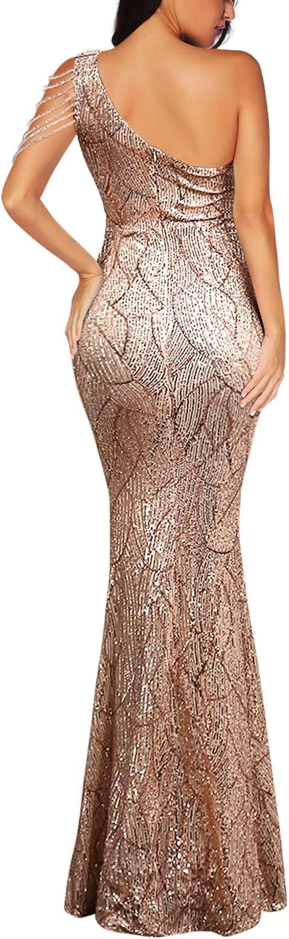 One Shoulder Tassel Sleeve Flapper Dresses 1920s Gastby Elegant Formal Sequins Maxi Dress