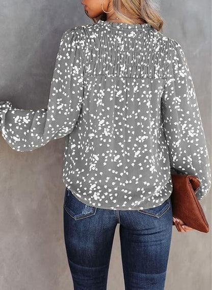 Women's Casual V Neck Alicia Floral Print Smocked Long Sleeve Chiffon Blouses