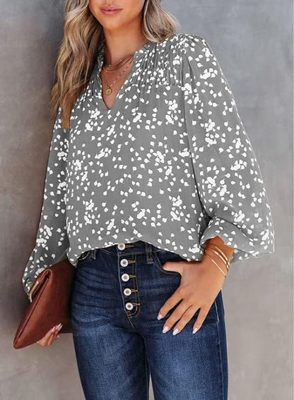 Women's Casual V Neck Alicia Floral Print Smocked Long Sleeve Chiffon Blouses