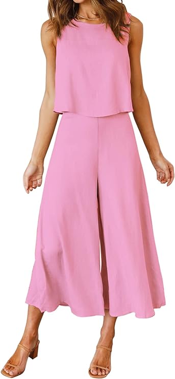 Round Neck Crop Basic Top Cropped Wide Leg Pants Set