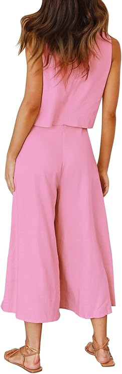 Round Neck Crop Basic Top Cropped Wide Leg Pants Set