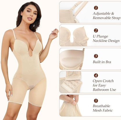 Slimers Body Shaper for Women Tummy Control U Plunge Backless Full Body Shapewear Mid Thigh Mesh strapless Bodysuit